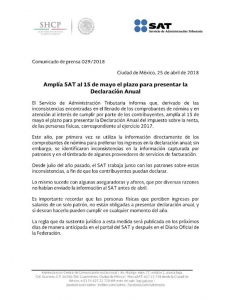 Amplía SAT al 15 de Mayo el plazo para presentar la Declaración Anual. #SAT…